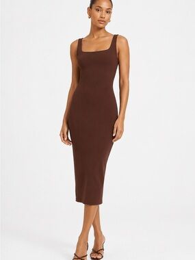 Babaton Chocolate Brown Square-Neck Midi Dress